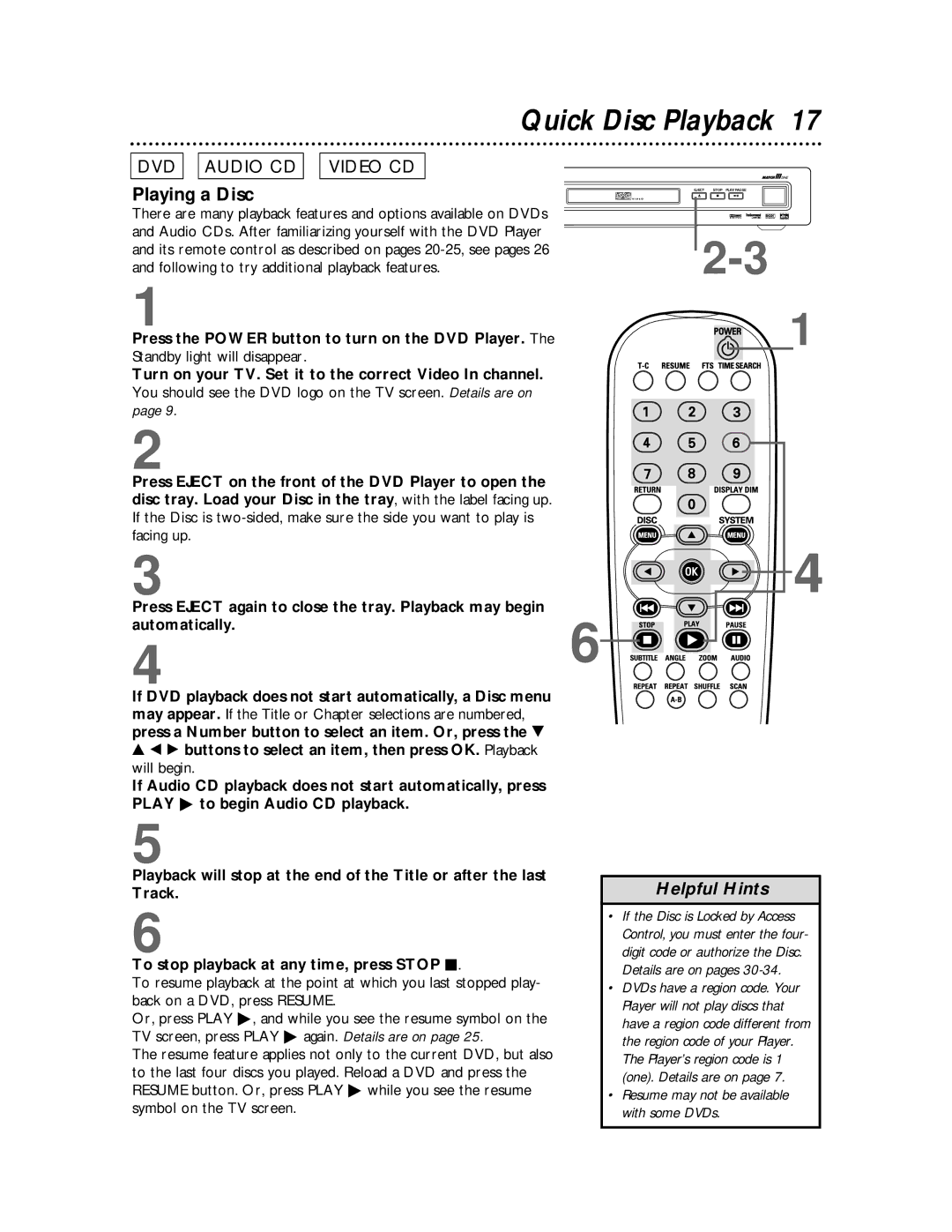 Philips DVDQ50 owner manual Quick Disc Playback, Playing a Disc, Press the Power button to turn on the DVD Player 