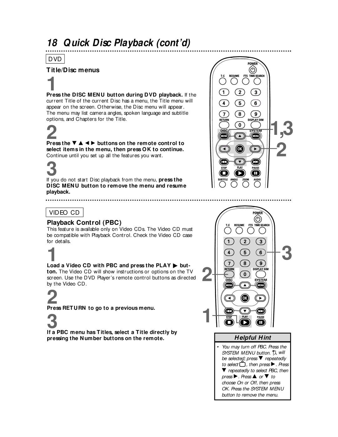 Philips DVDQ50 owner manual Quick Disc Playback cont’d, Title/Disc menus, Playback Control PBC 