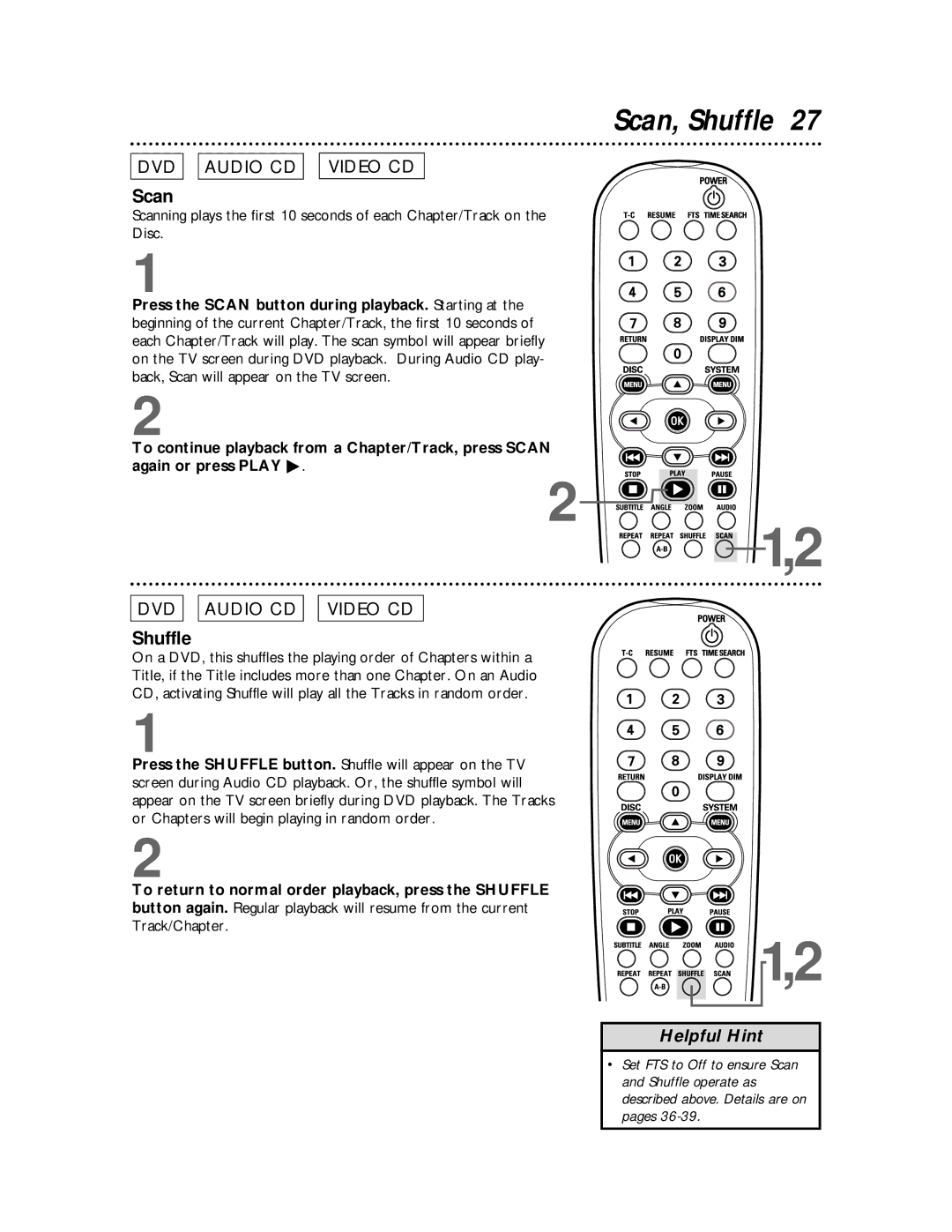 Philips DVDQ50 owner manual Scan, Shuffle 