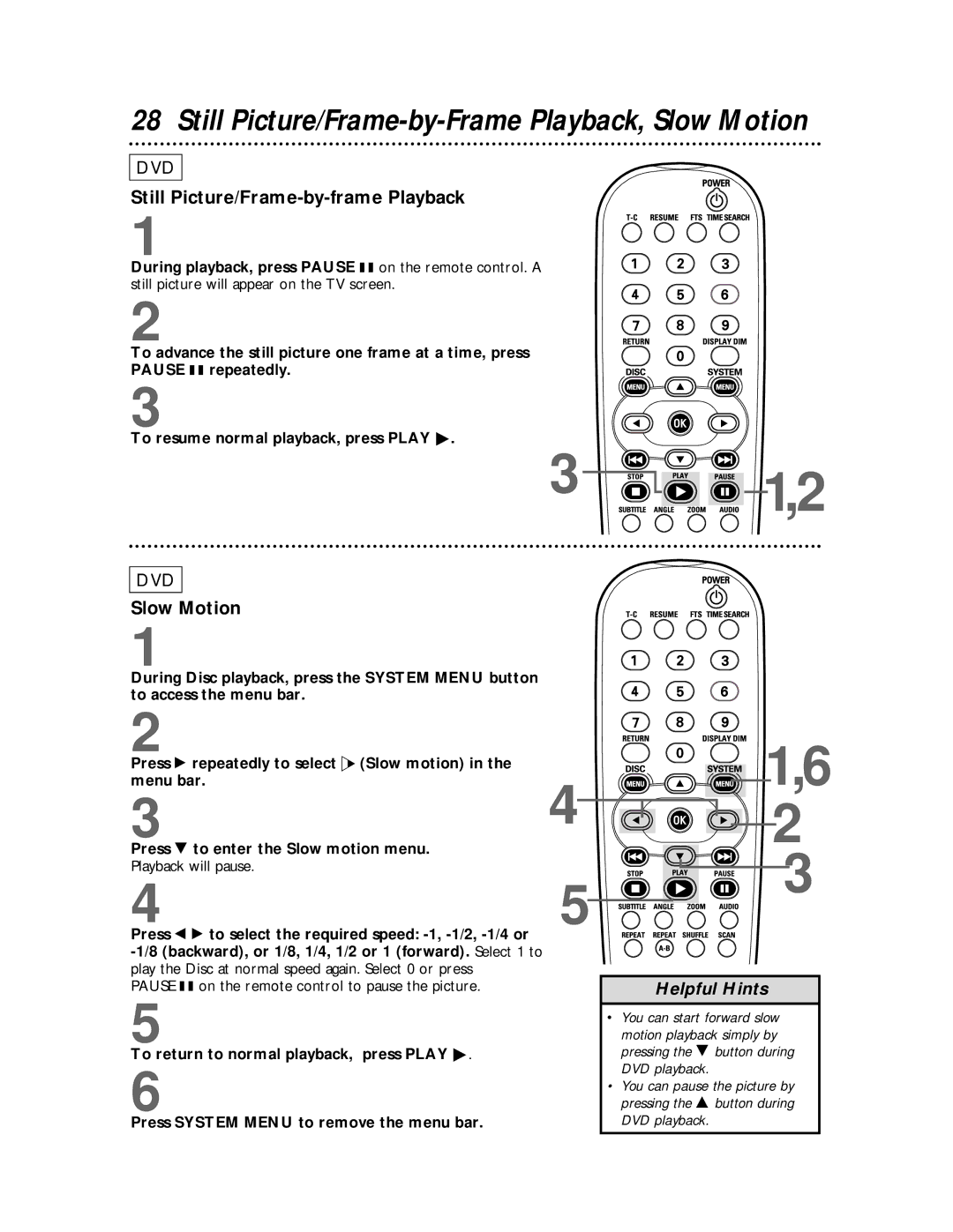 Philips DVDQ50 owner manual Still Picture/Frame-by-Frame Playback, Slow Motion, Still Picture/Frame-by-frame Playback 