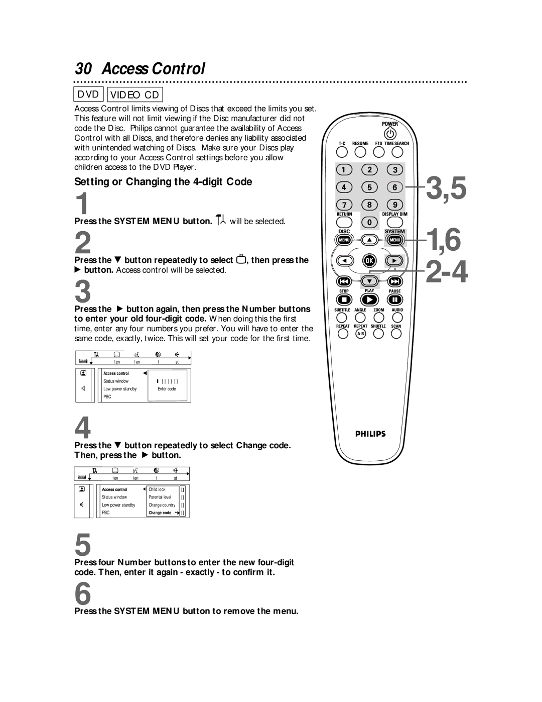 Philips DVDQ50 owner manual Access Control, Setting or Changing the 4-digit Code, Button. Access control will be selected 