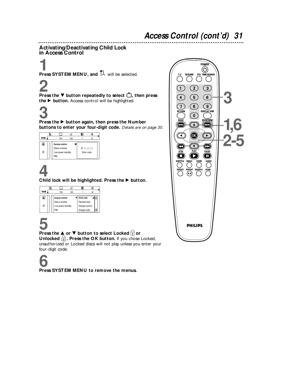 Philips DVDQ50 owner manual Access Control cont’d, Activating/Deactivating Child Lock in Access Control 