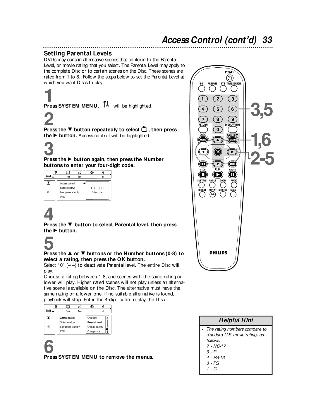 Philips DVDQ50 owner manual Setting Parental Levels, Press System Menu 