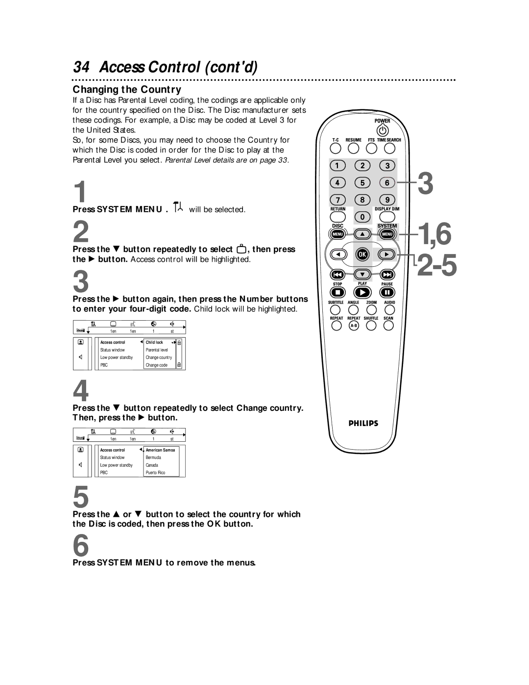 Philips DVDQ50 owner manual Access Control contd, Changing the Country 