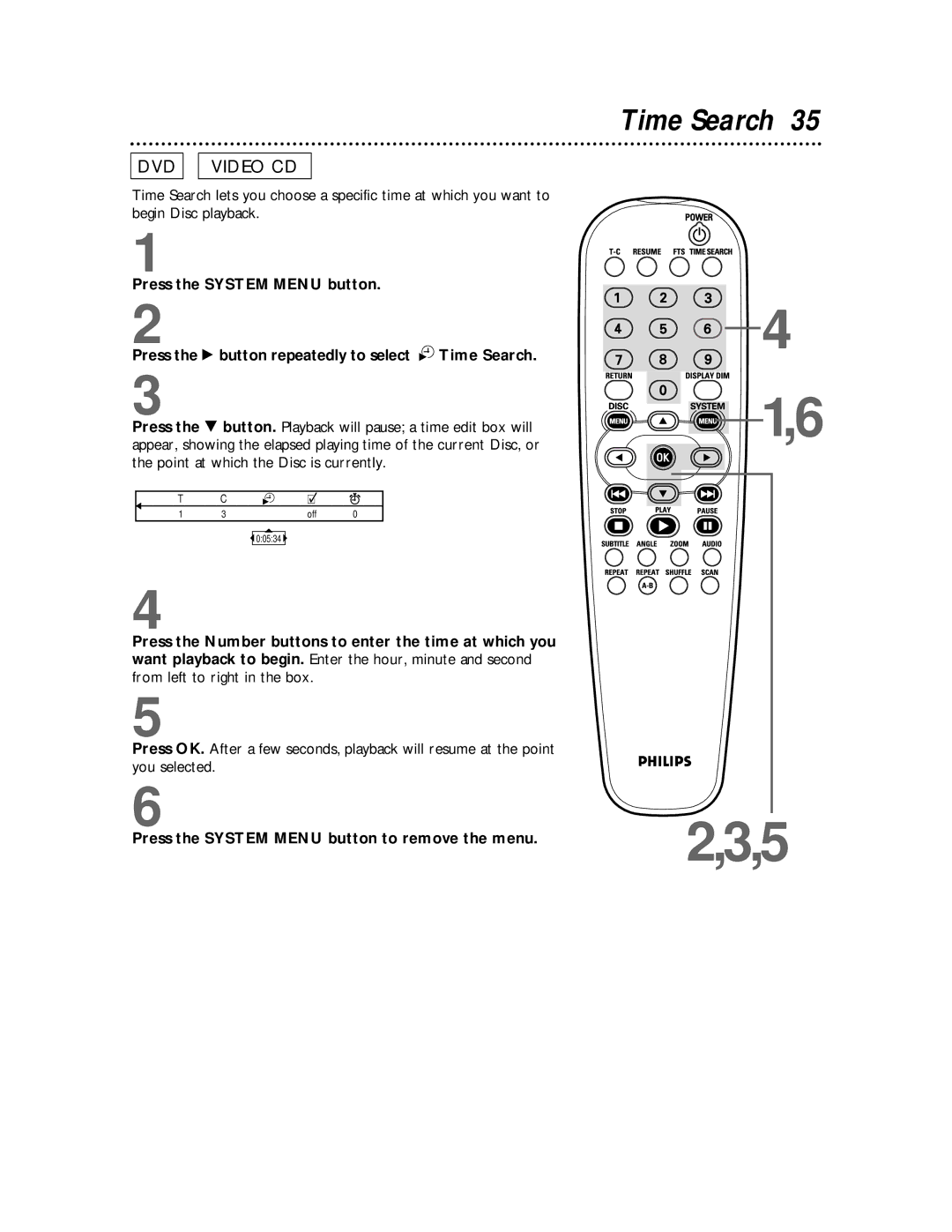 Philips DVDQ50 owner manual Time Search, Press the System Menu button to remove the menu 