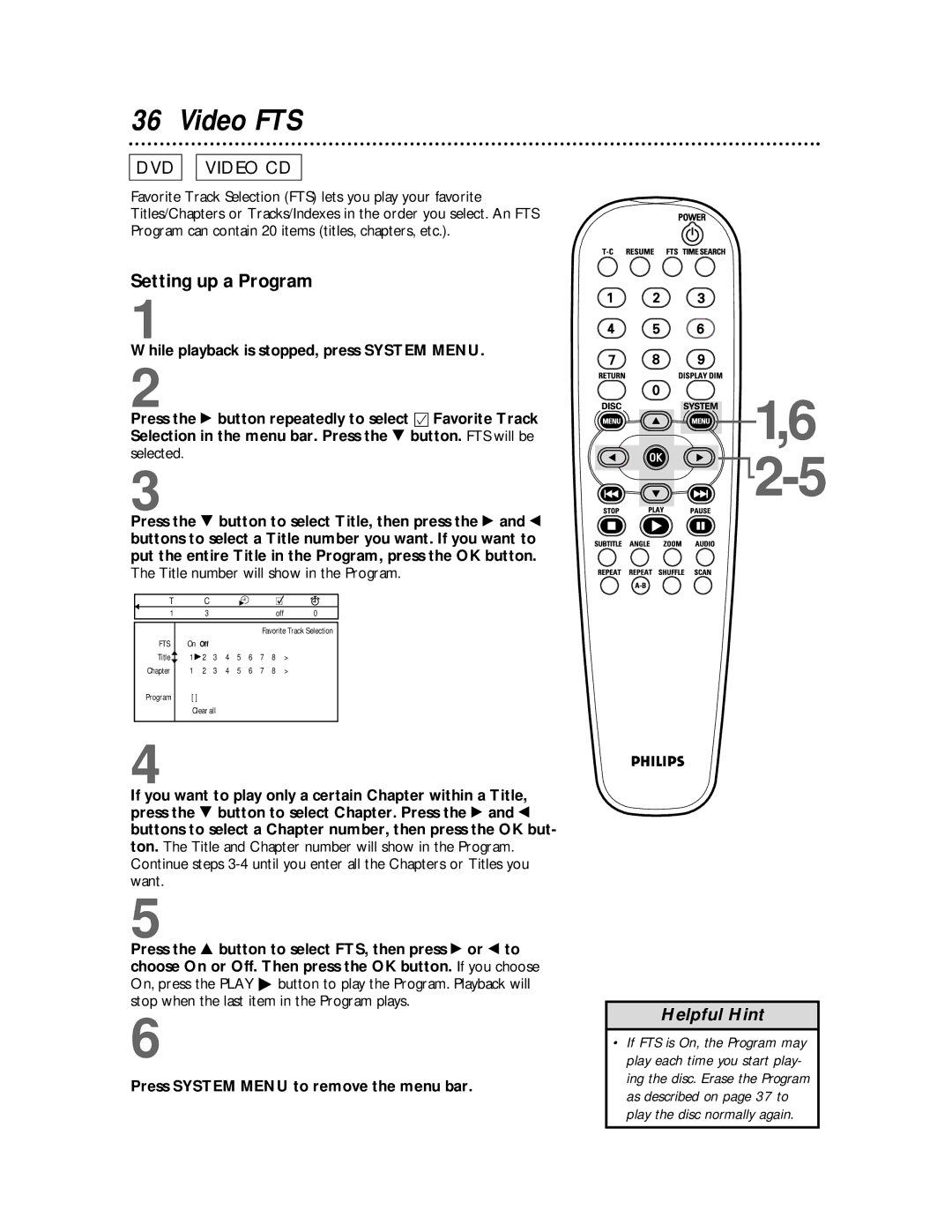 Philips DVDQ50 owner manual Video FTS, Setting up a Program 