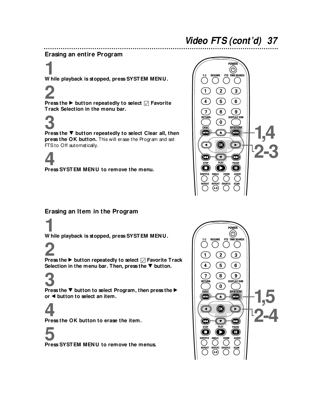 Philips DVDQ50 owner manual Video FTS cont’d, Erasing an entire Program, Erasing an Item in the Program 