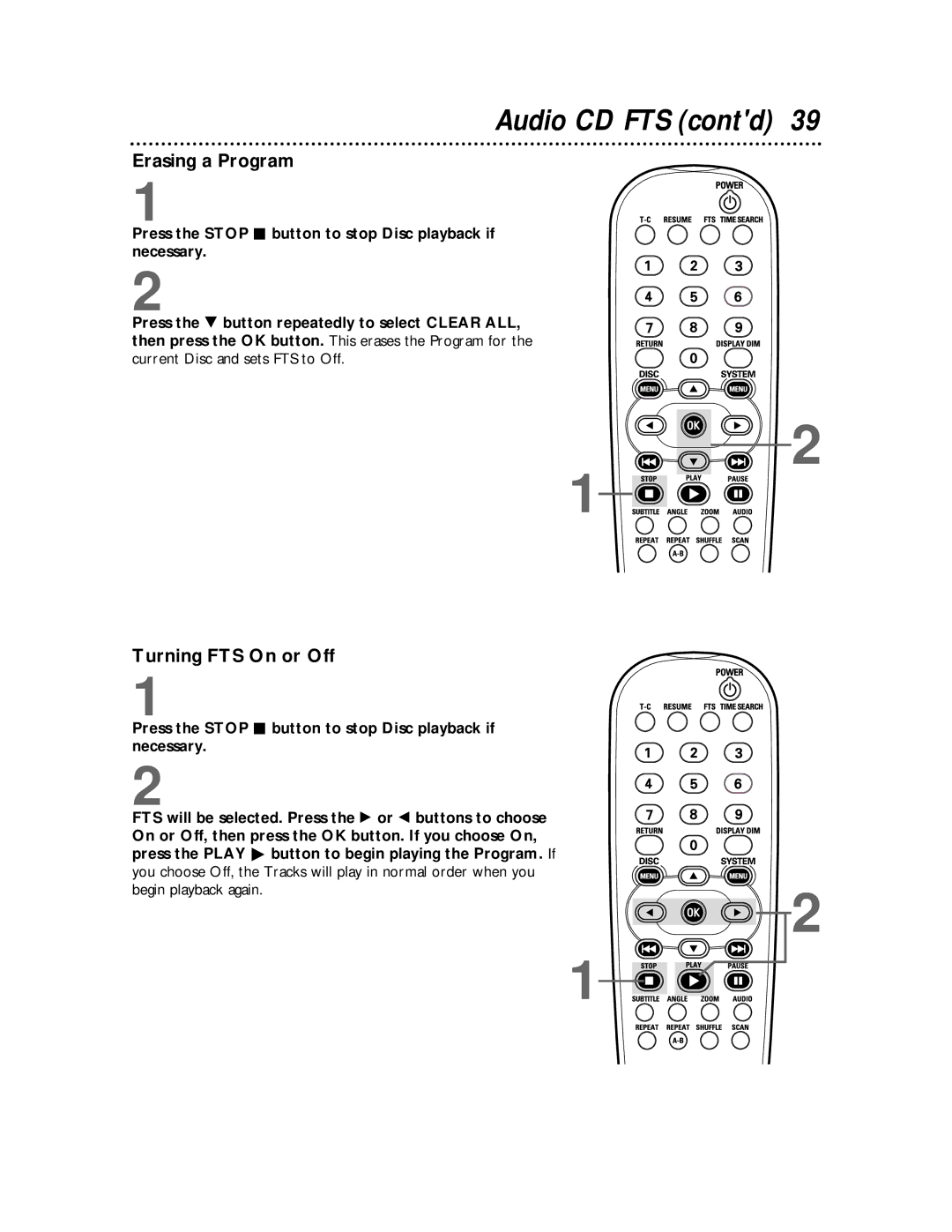 Philips DVDQ50 owner manual Audio CD FTS contd, Erasing a Program, Turning FTS On or Off 