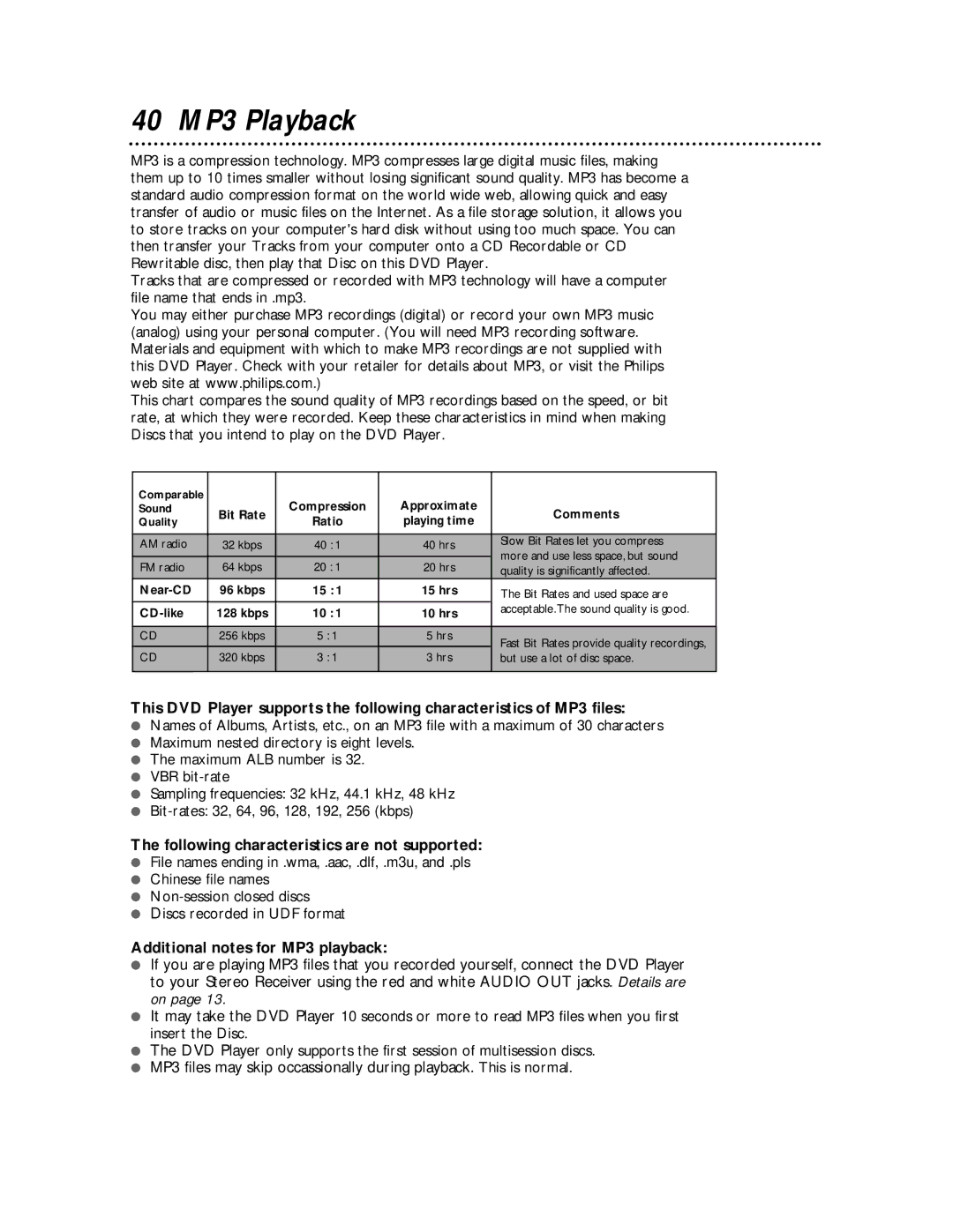 Philips DVDQ50 owner manual 40 MP3 Playback, Following characteristics are not supported, Additional notes for MP3 playback 