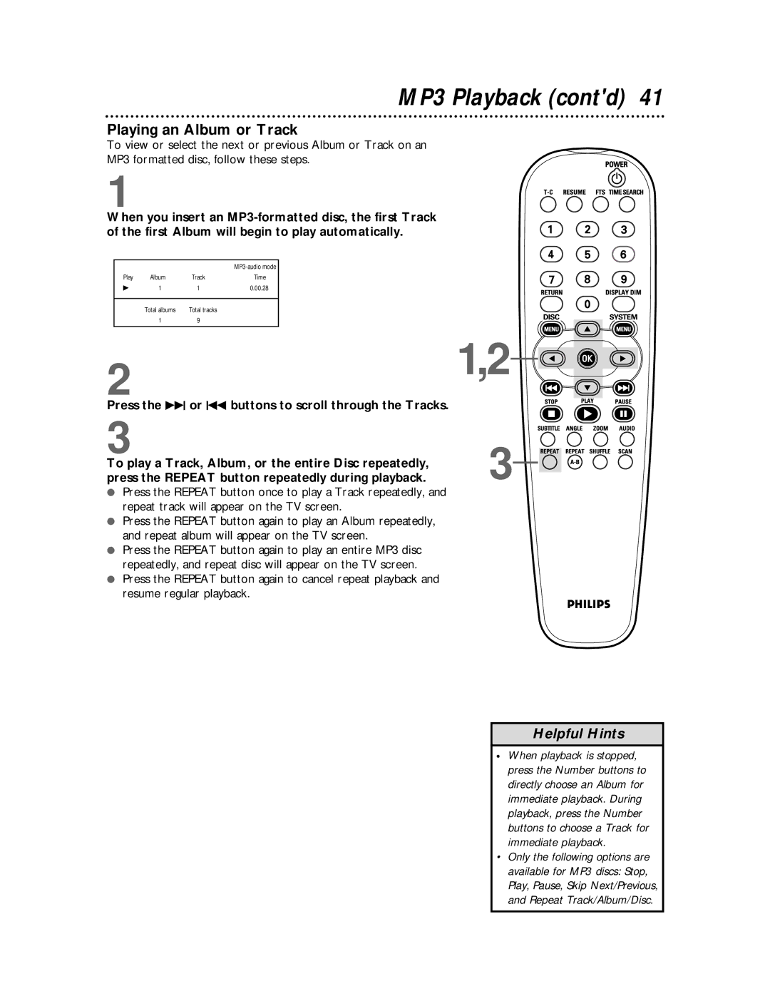 Philips DVDQ50 owner manual MP3 Playback contd, Playing an Album or Track 