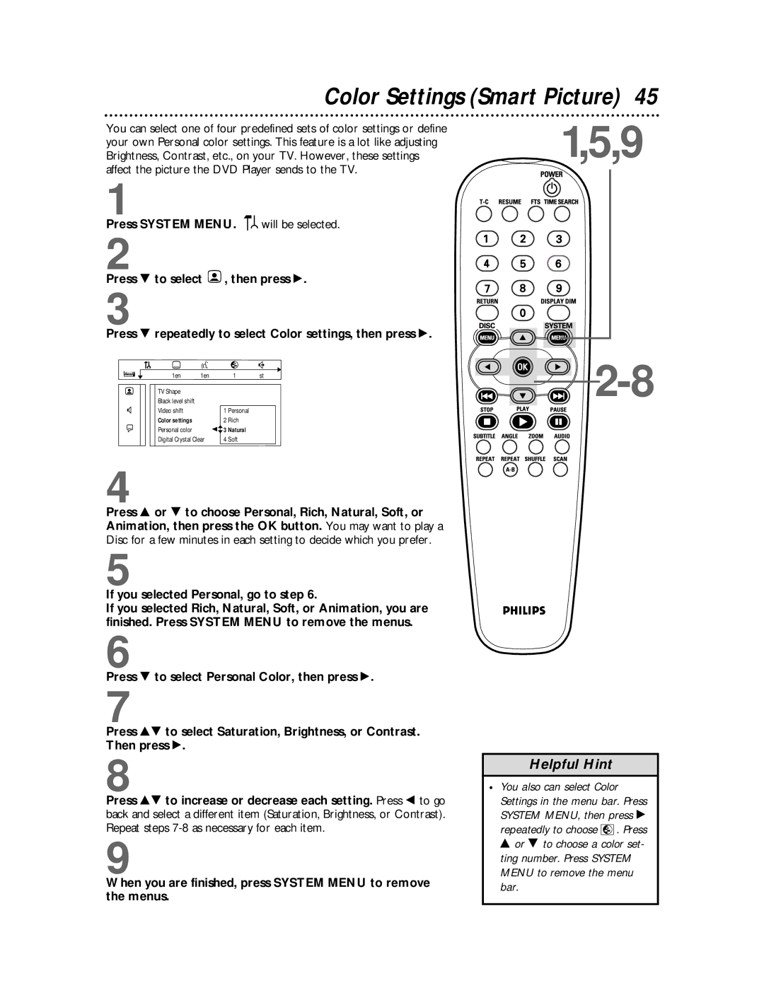 Philips DVDQ50 owner manual Color Settings Smart Picture, If you selected Personal, go to step 