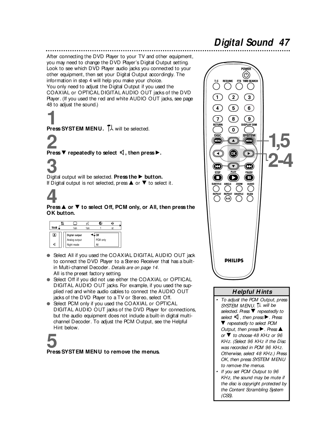 Philips DVDQ50 owner manual Digital Sound, All is the preset factory setting 