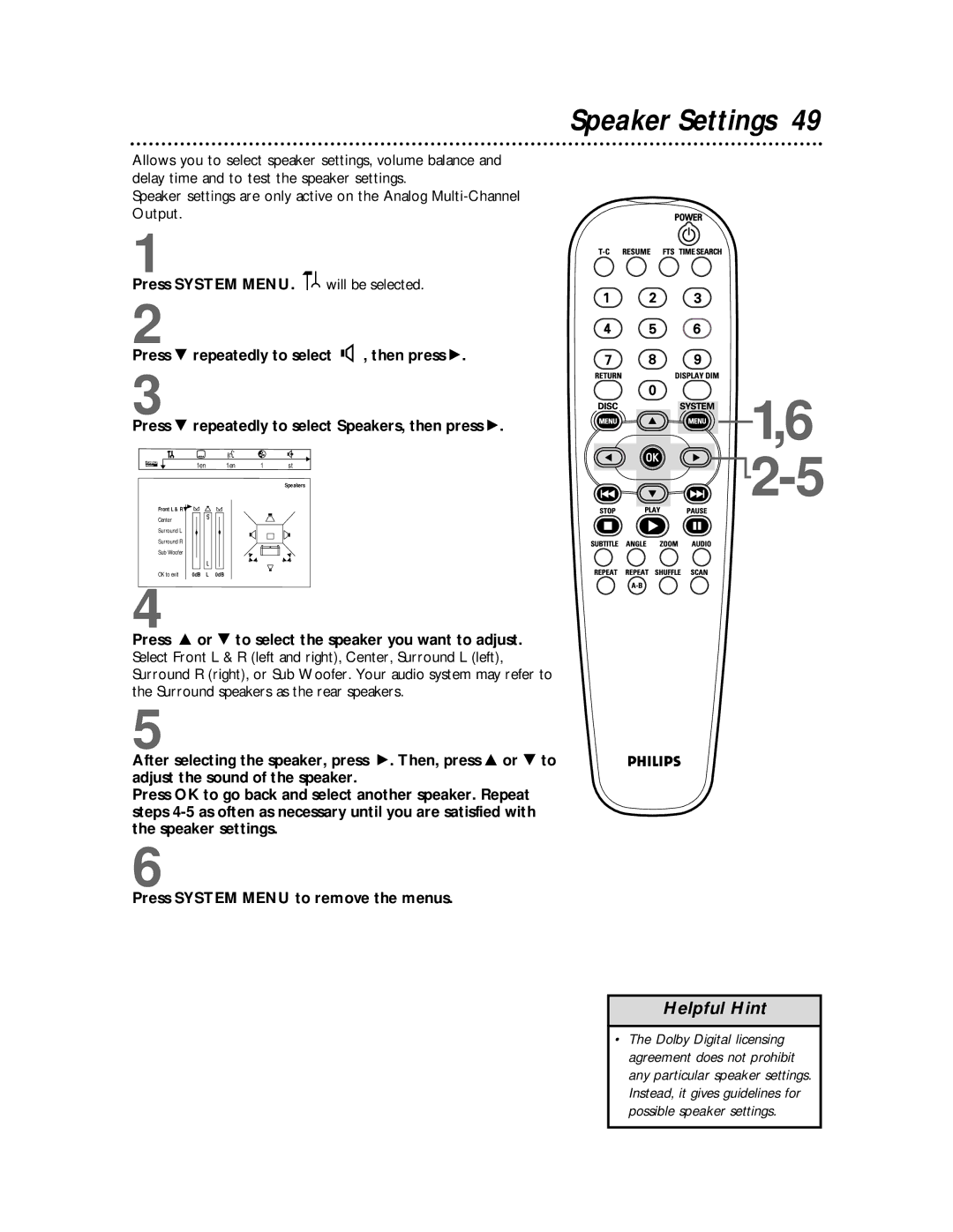 Philips DVDQ50 owner manual Speaker Settings 