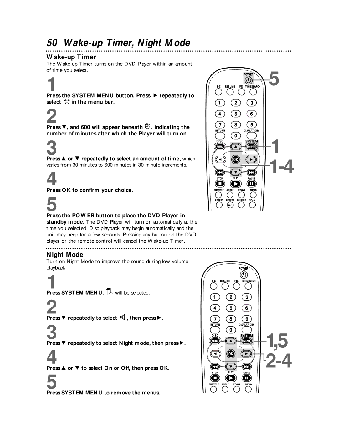 Philips DVDQ50 owner manual Wake-up Timer, Night Mode, Press OK to confirm your choice 