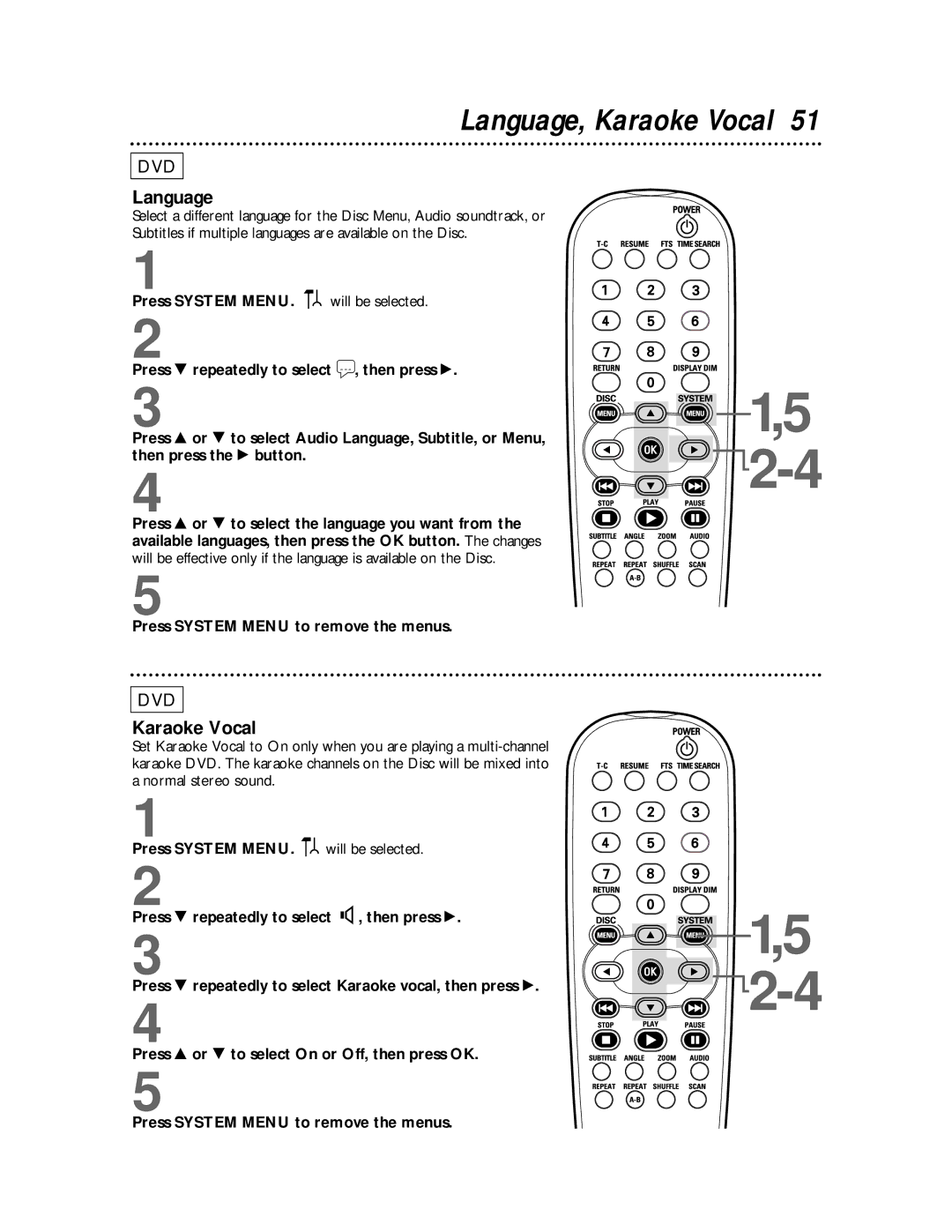 Philips DVDQ50 owner manual Language, Karaoke Vocal, Will be selected 