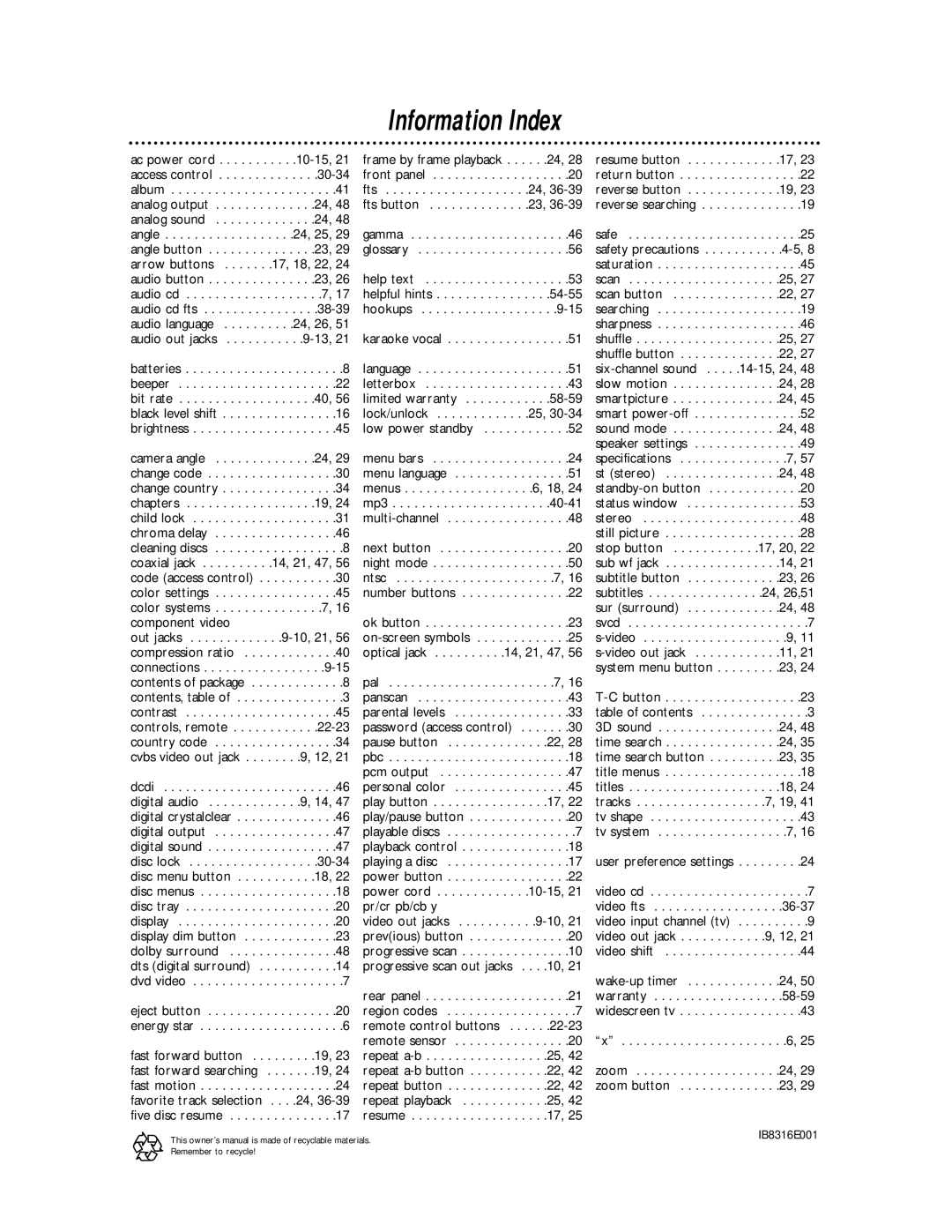 Philips DVDQ50 owner manual Information Index 