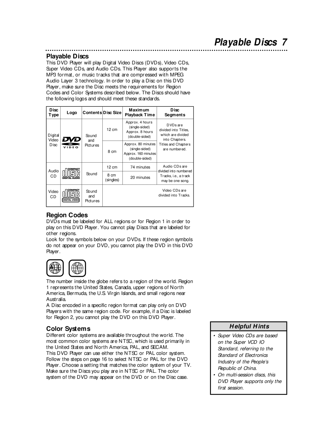 Philips DVDQ50 owner manual Playable Discs, Region Codes, Color Systems 