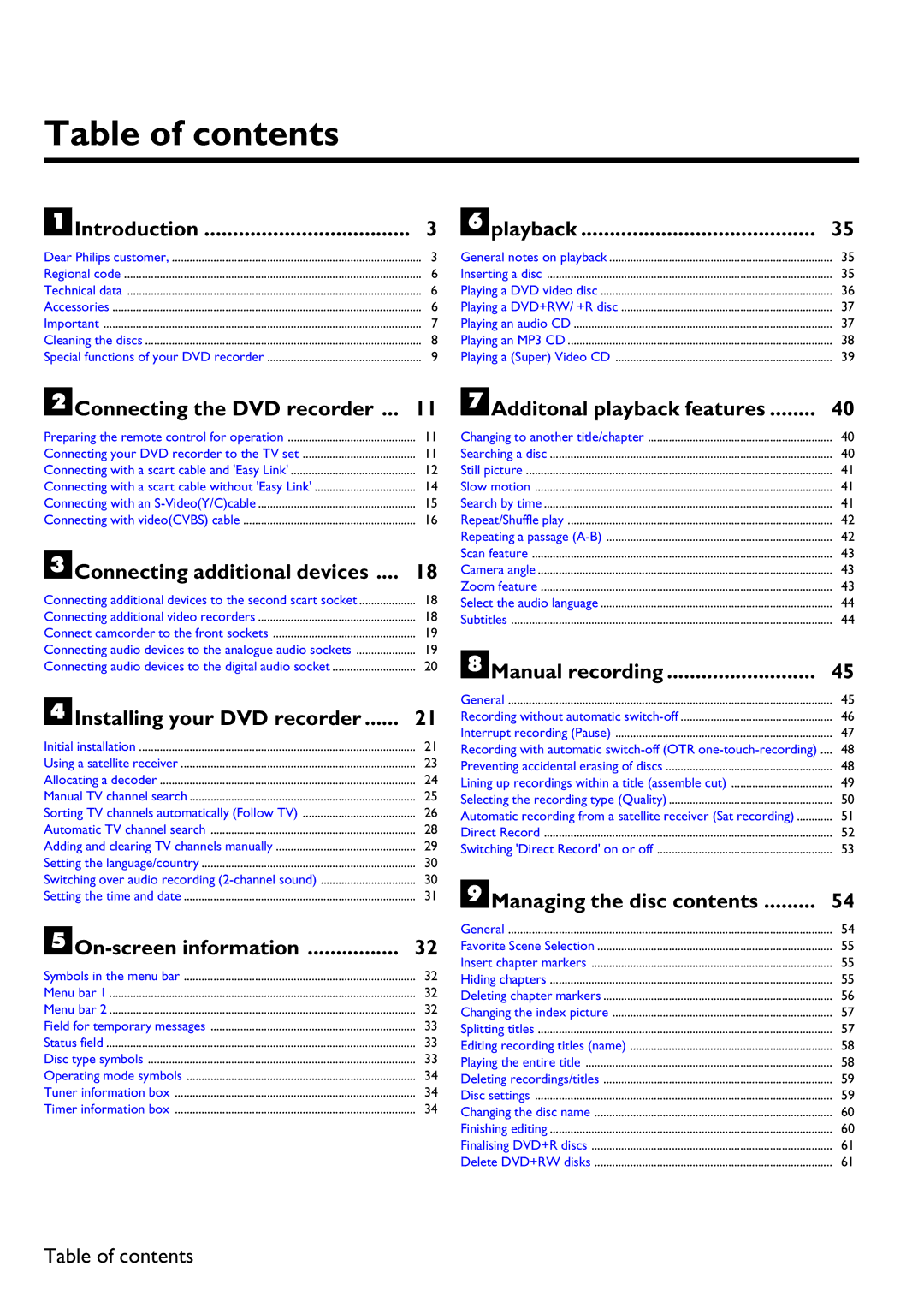 Philips DVDR 70/021, DVDR 70/001 manual Table of contents 