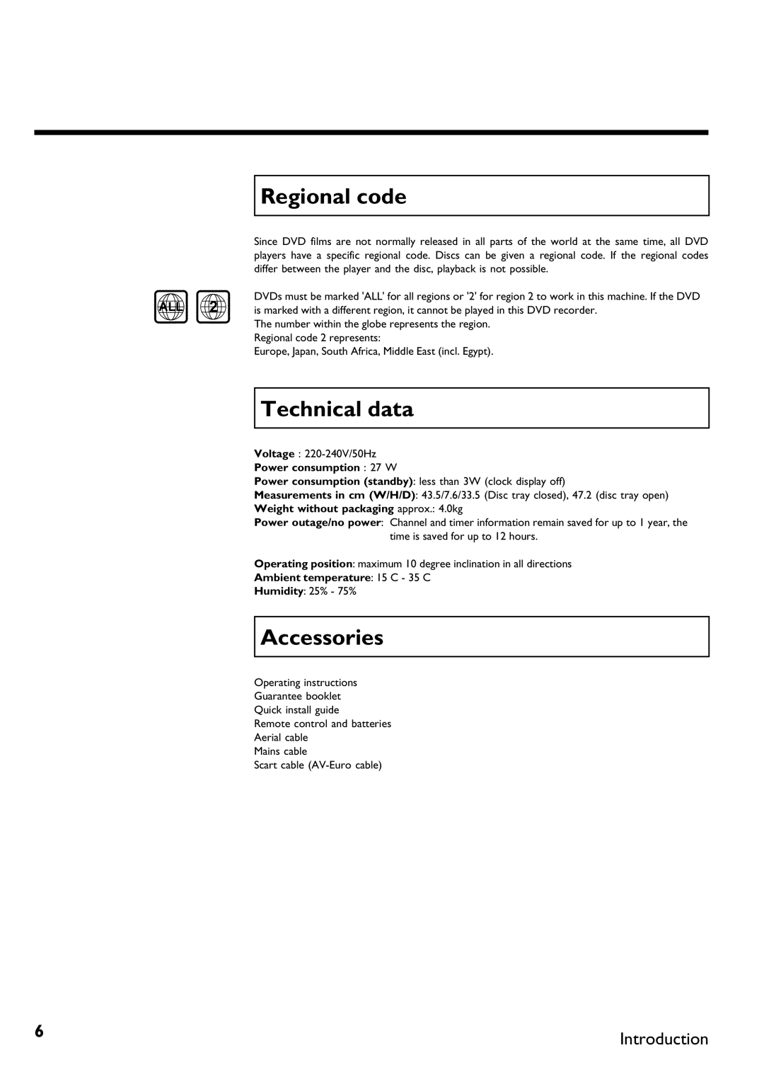 Philips DVDR 70/001, DVDR 70/021 manual Regional code, Technical data, Accessories 