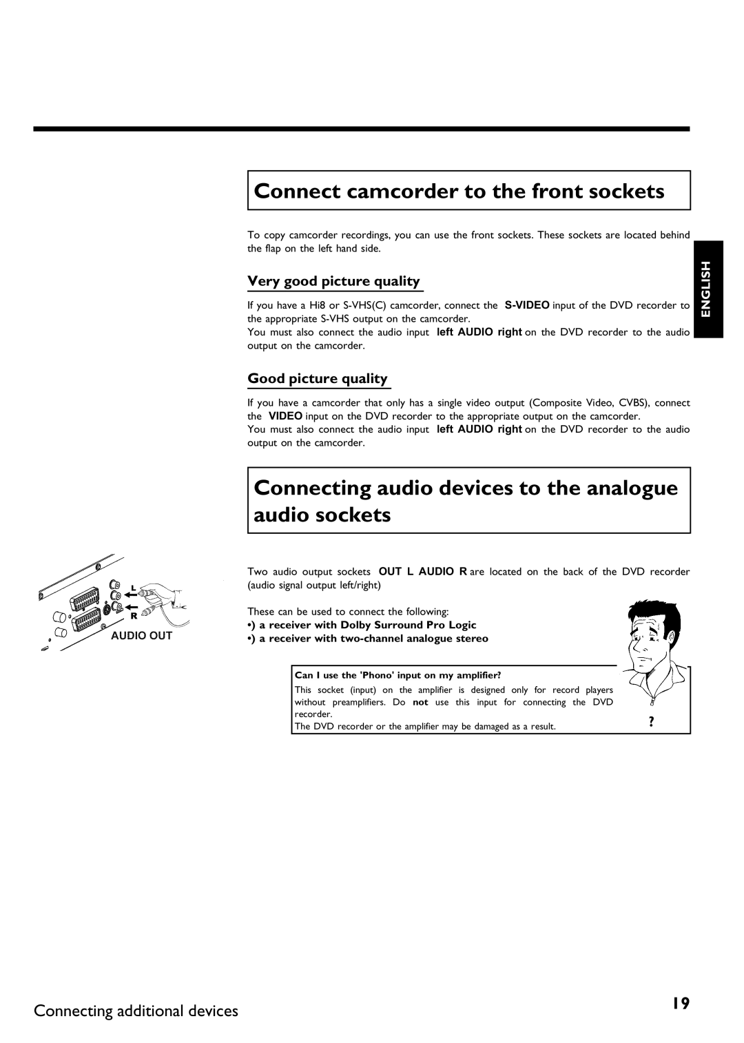 Philips DVDR 70/021 manual Connect camcorder to the front sockets, Connecting audio devices to the analogue audio sockets 