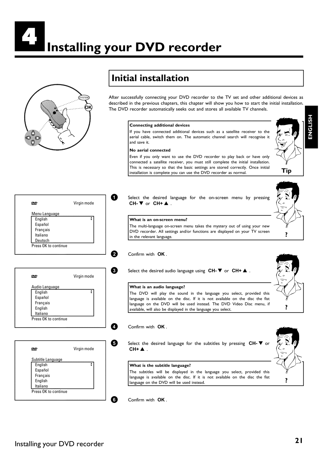 Philips DVDR 70/021, DVDR 70/001 manual DInstalling your DVD recorder, Initial installation 