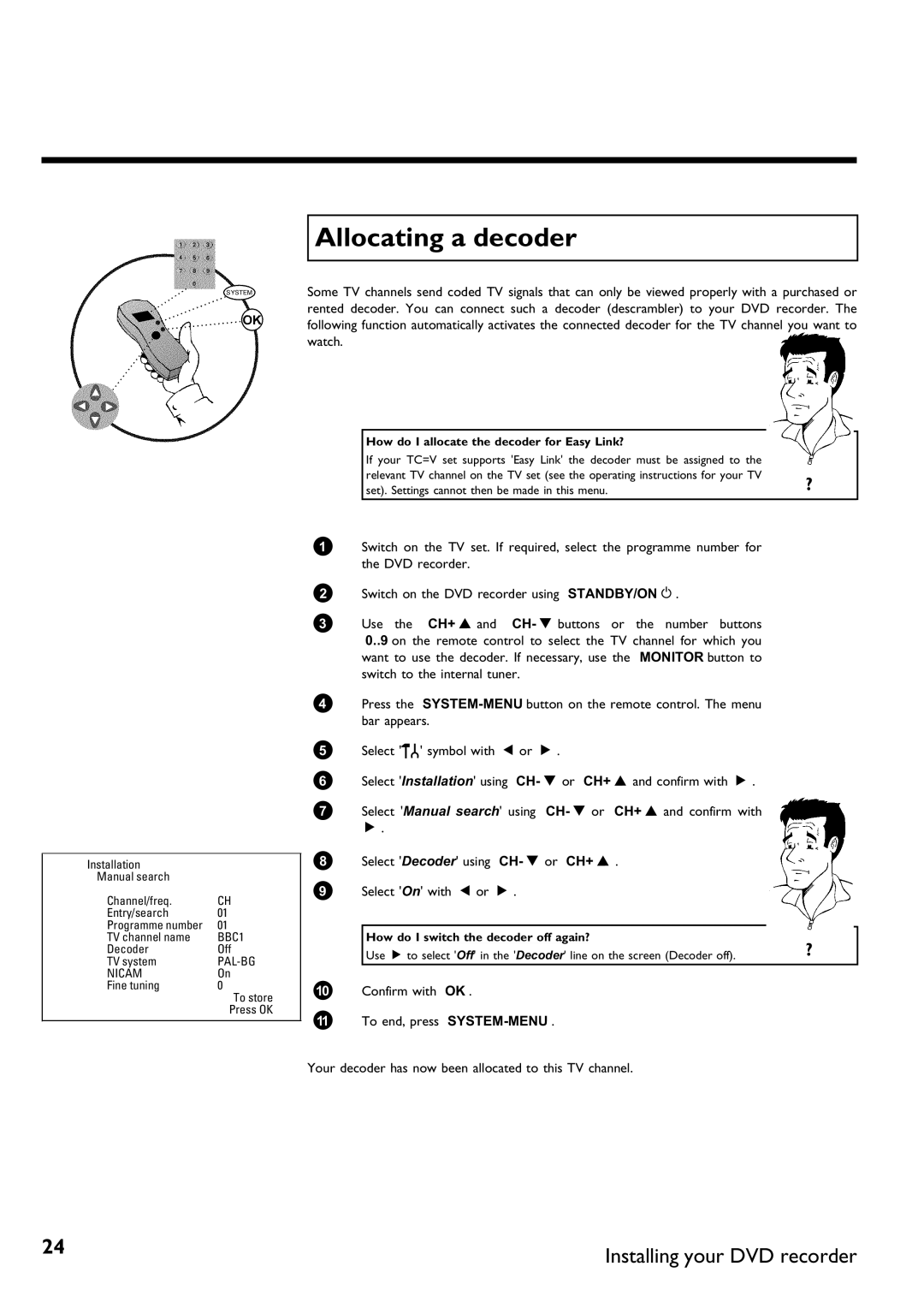 Philips DVDR 70/001, DVDR 70/021 manual Allocating a decoder, How do I allocate the decoder for Easy Link? 