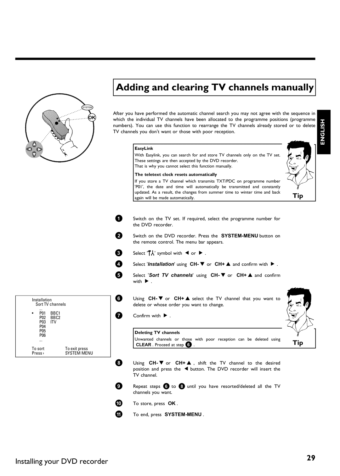 Philips DVDR 70/021, DVDR 70/001 Adding and clearing TV channels manually, Deleting TV channels 