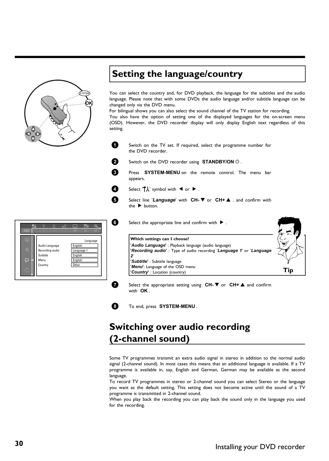 Philips DVDR 70/001, DVDR 70/021 manual Setting the language/country, Switching over audio recording 2 sound 