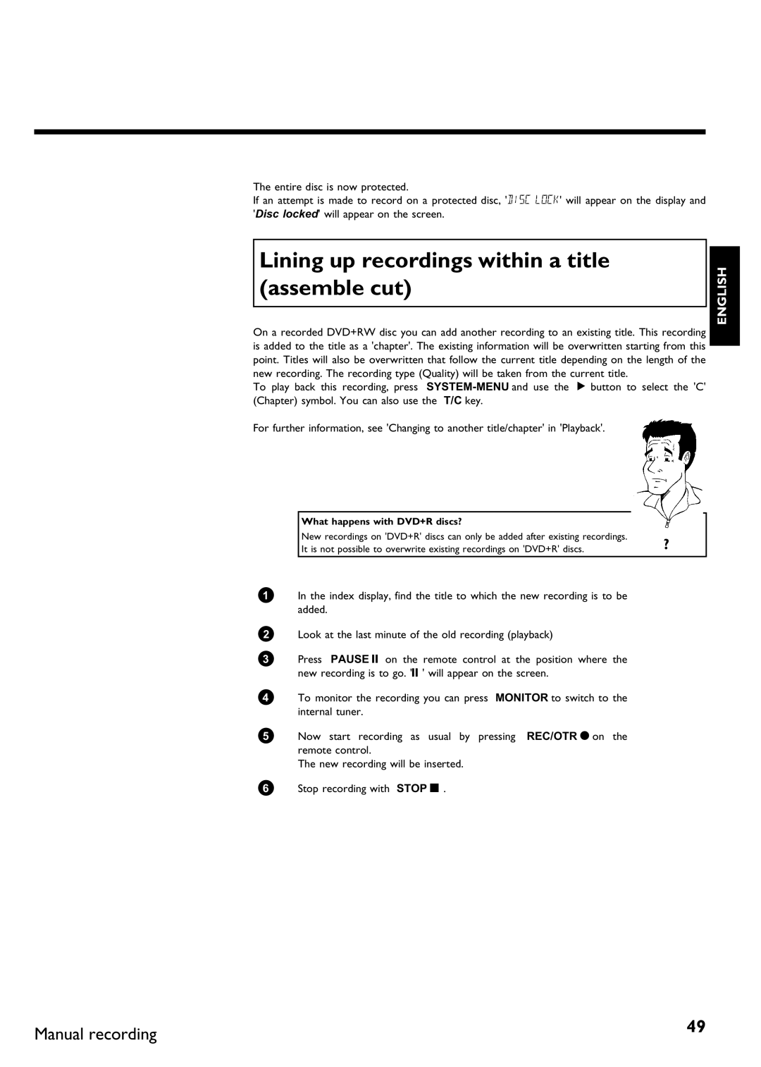 Philips DVDR 70/021, DVDR 70/001 manual Lining up recordings within a title assemble cut 