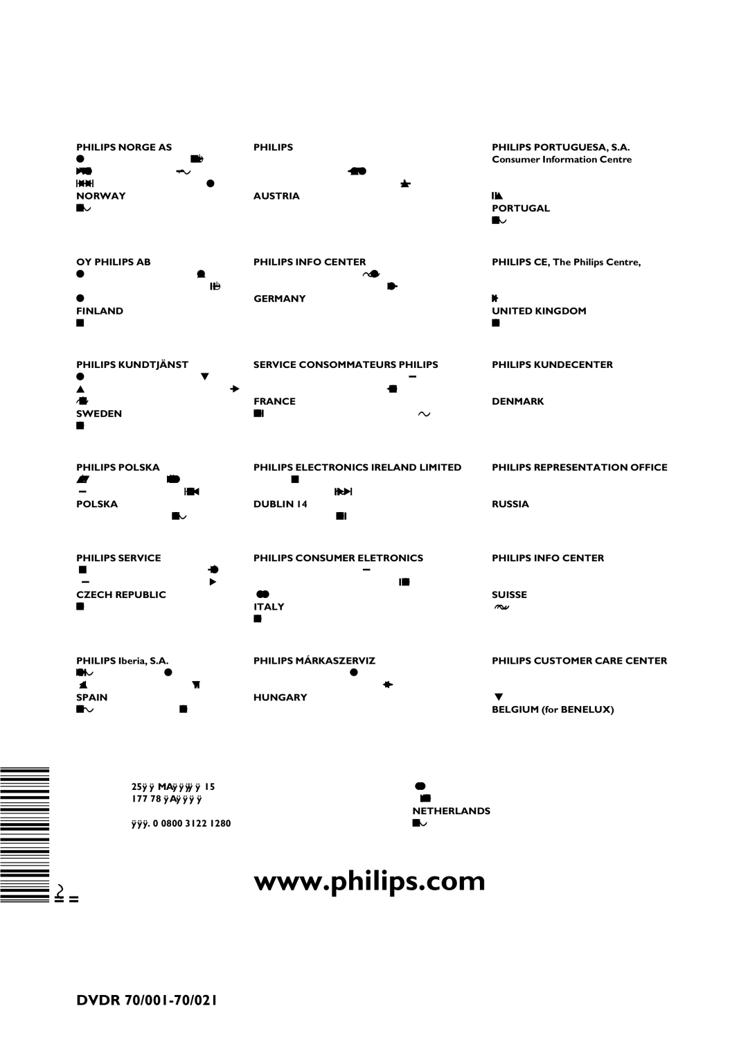 Philips DVDR 70/001 Consumer Information Centre, Philips CE, The Philips Centre, Philips Iberia, S.A, Belgium for Benelux 