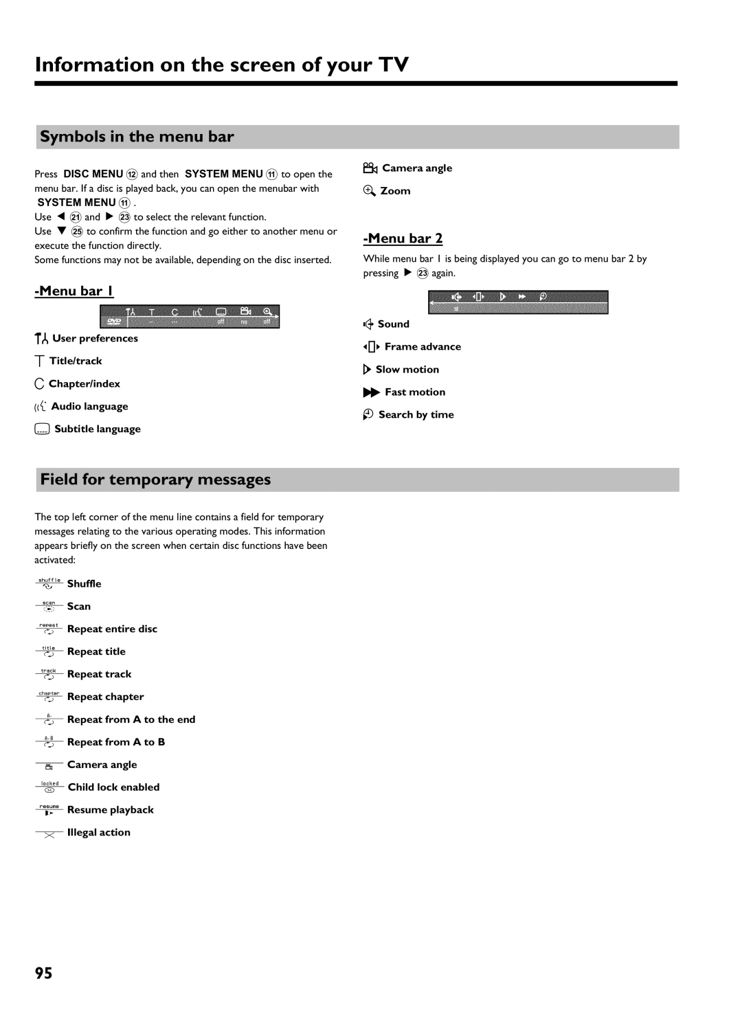 Philips DVDR 725H/00 Information on the screen of your TV, Symbols in the menu bar, Field for temporary messages, Bar 