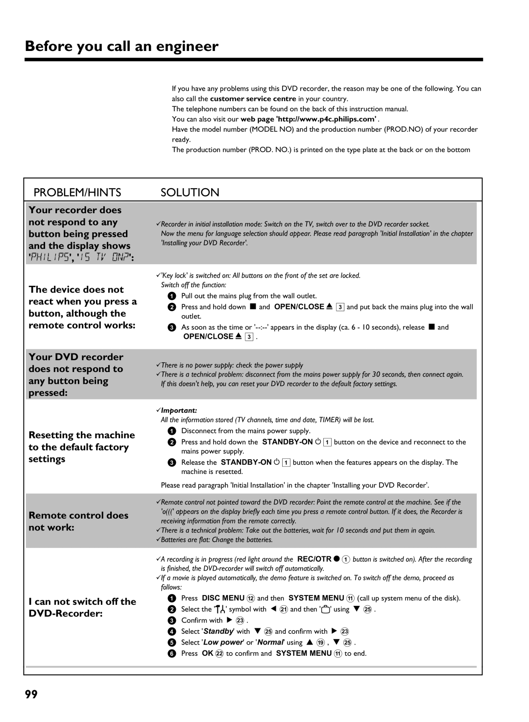 Philips DVDR 725H/00, DVDR 725H/02 manual Before you call an engineer, BImportant 