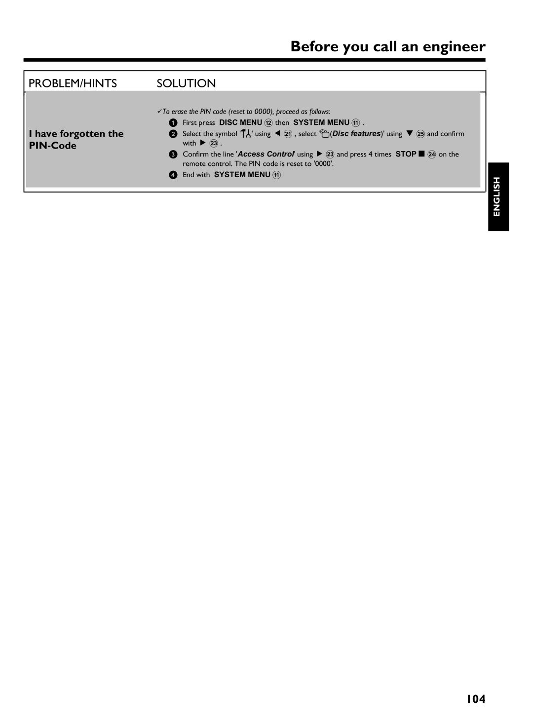 Philips DVDR 725H/02 manual 104, Have forgotten, First press Disc Menu B then System Menu a, End with System Menu a English 