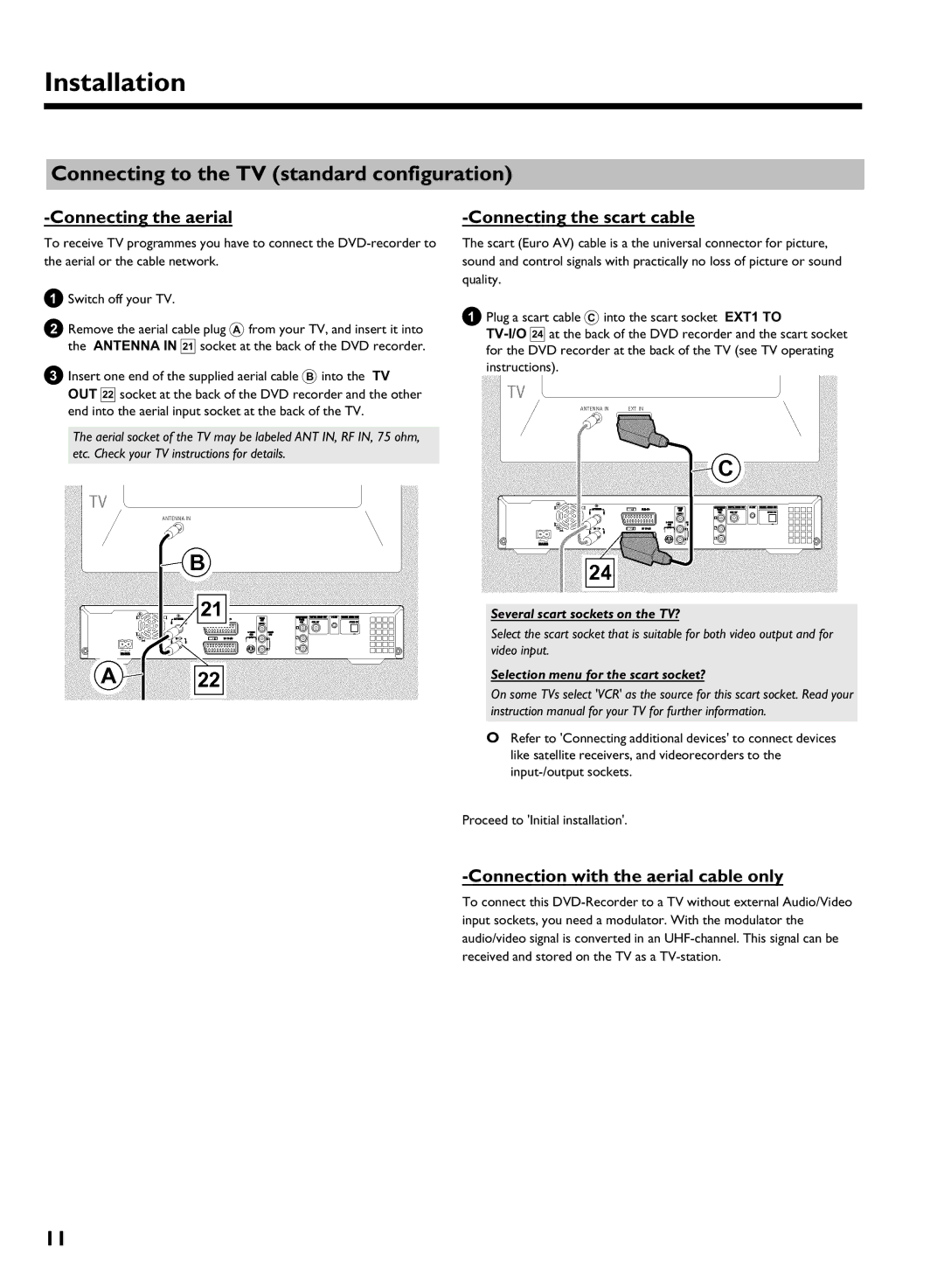 Philips DVDR 725H/00 manual Connecting to the TV standard configuration, Aerial, Scart cable, With the aerial cable only 