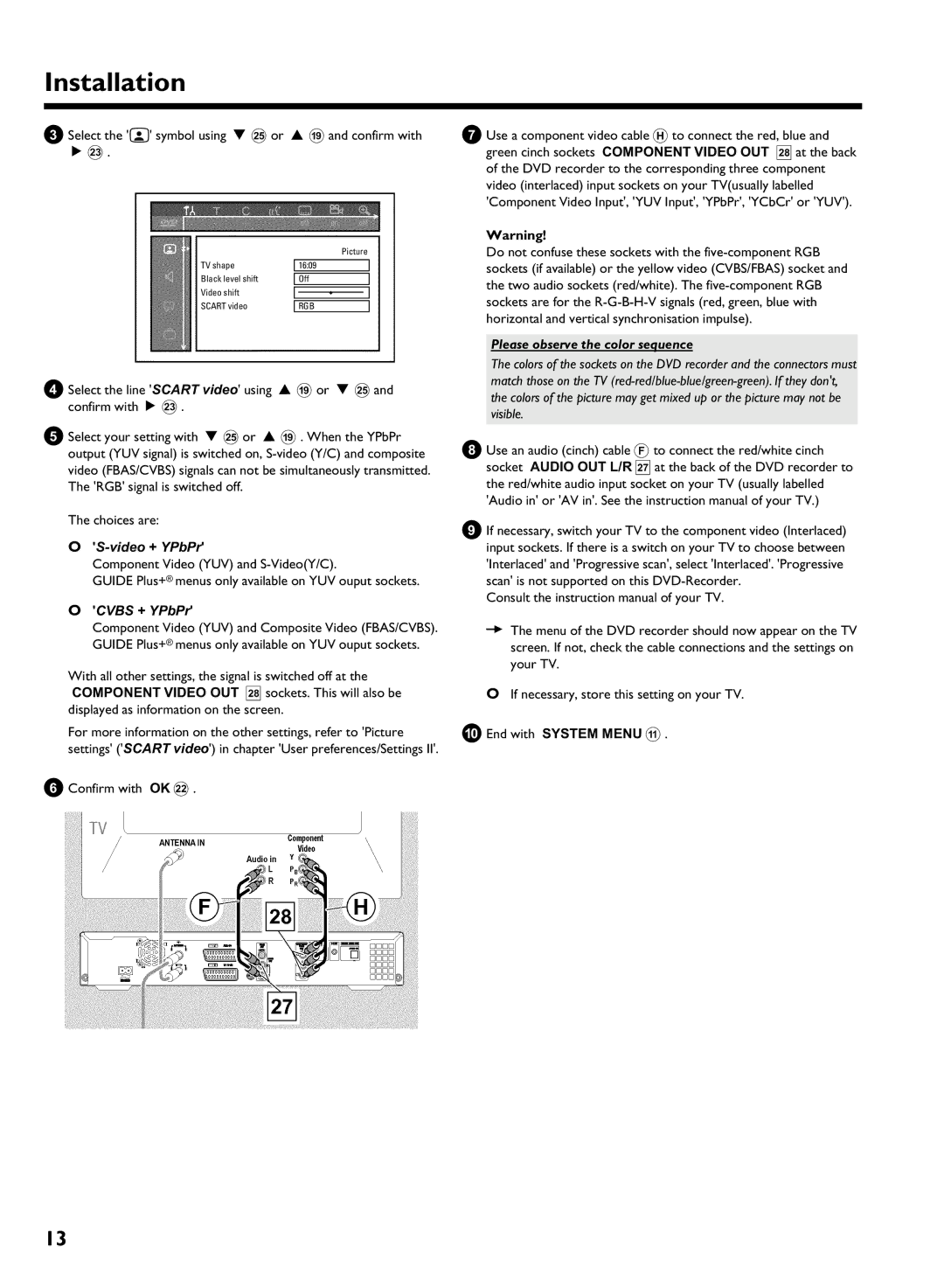 Philips DVDR 725H/00, DVDR 725H/02 Video + YPbPr, Cvbs + YPbPr, Please observe the color sequence, 0End with System Menu a 