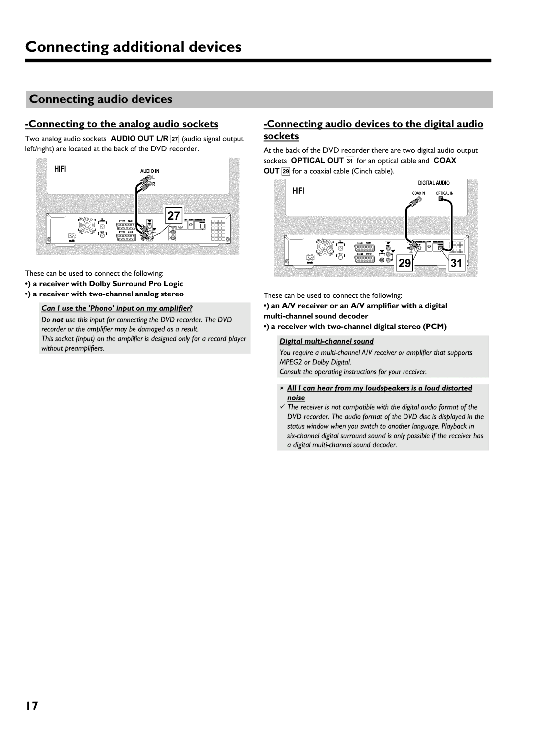 Philips DVDR 725H/00 Connecting audio devices, To the analog audio sockets, Audio devices to the digital audio Sockets 