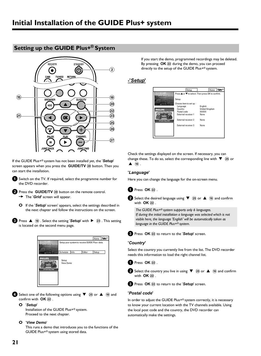 Philips DVDR 725H/00 Initial Installation of the Guide Plus+ system, Setting up the Guide Plus+ System, Language, Country 