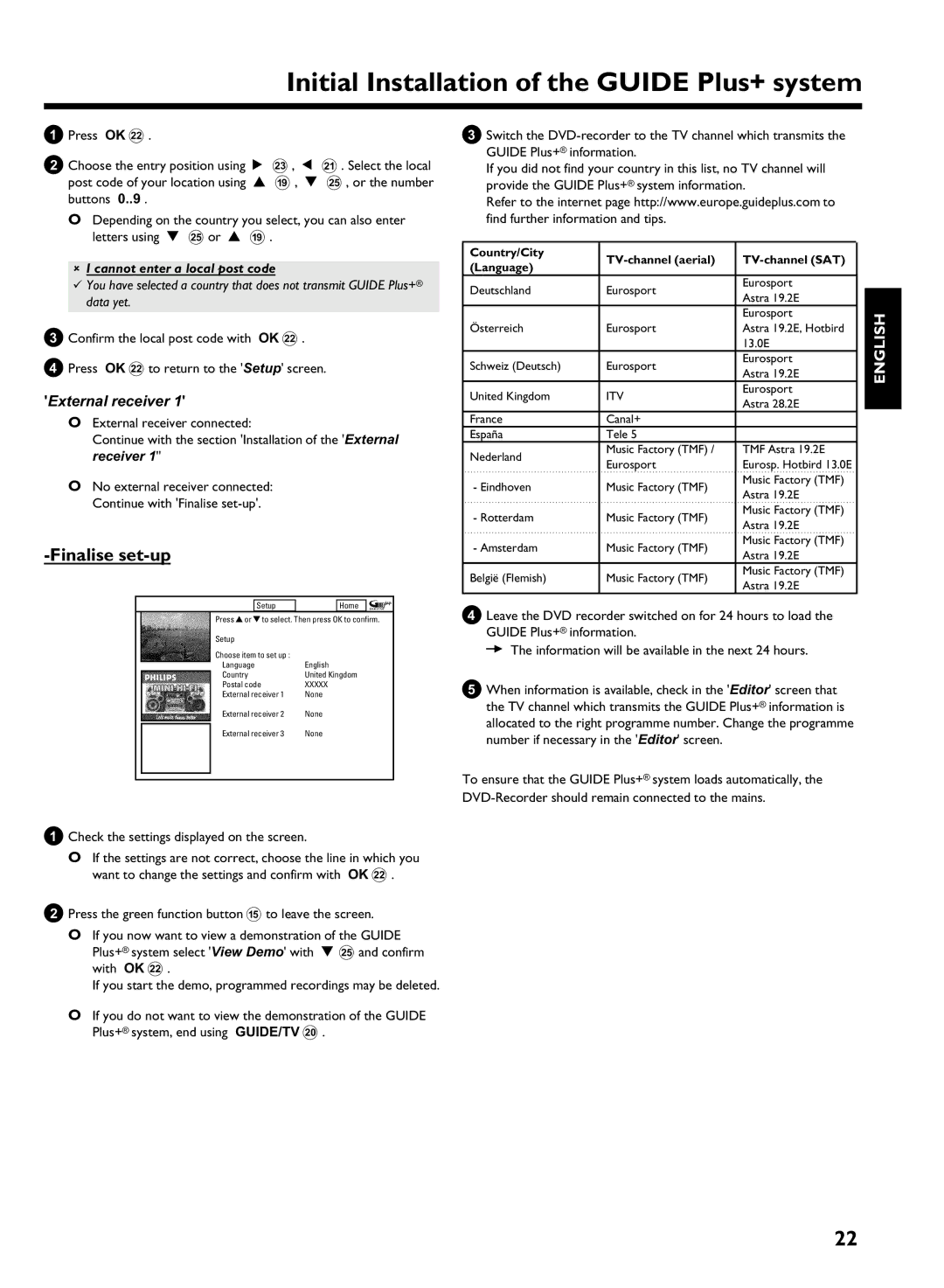 Philips DVDR 725H/02, DVDR 725H/00 manual Set, External receiver, Cannot enter a local post code 