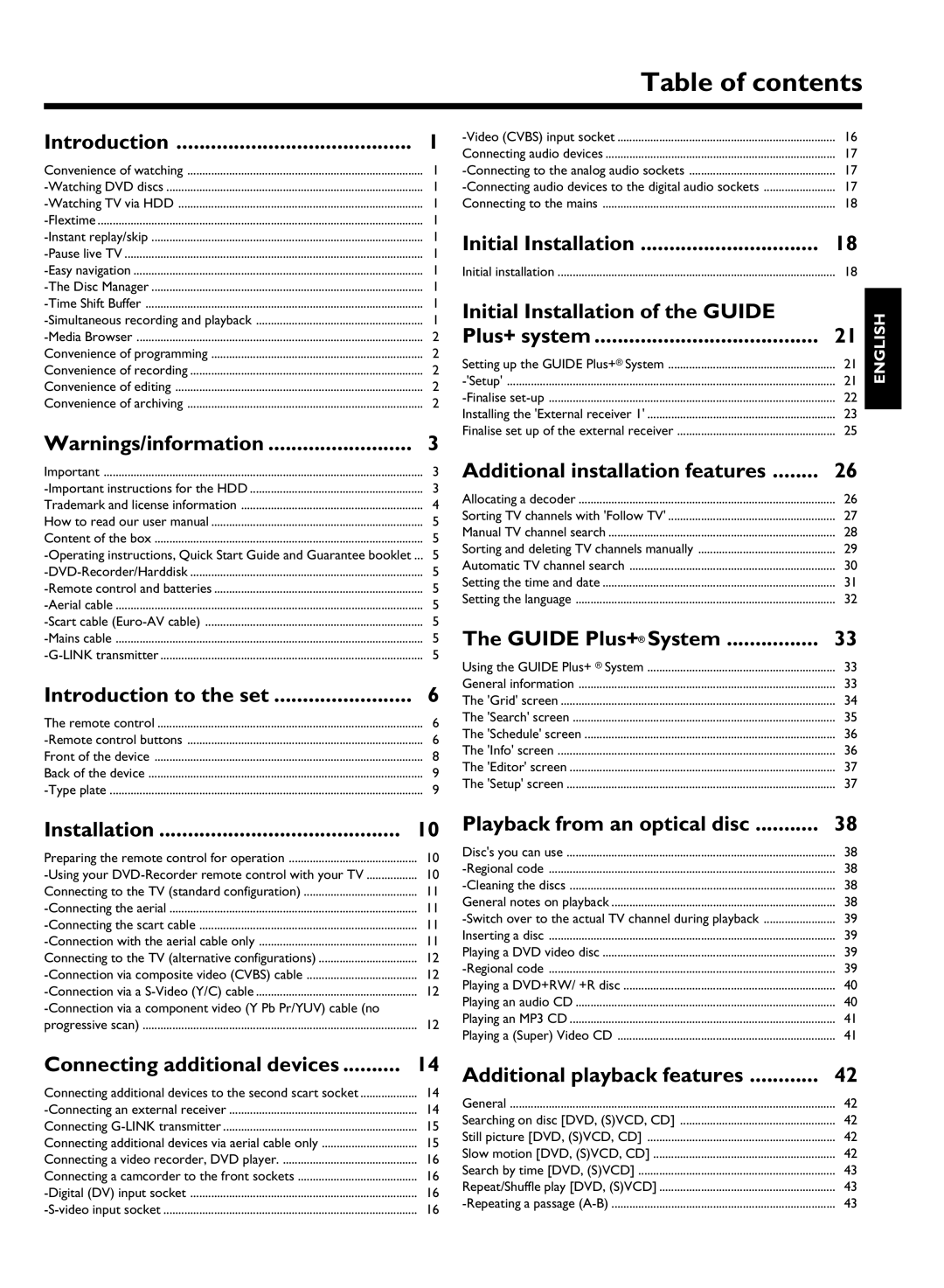 Philips DVDR 725H/02, DVDR 725H/00 manual Table of contents 