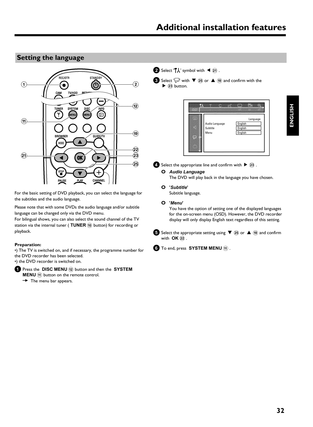 Philips DVDR 725H/02 manual Setting the language, Select the appropriate line and confirm with C M, Audio Language, Menu 