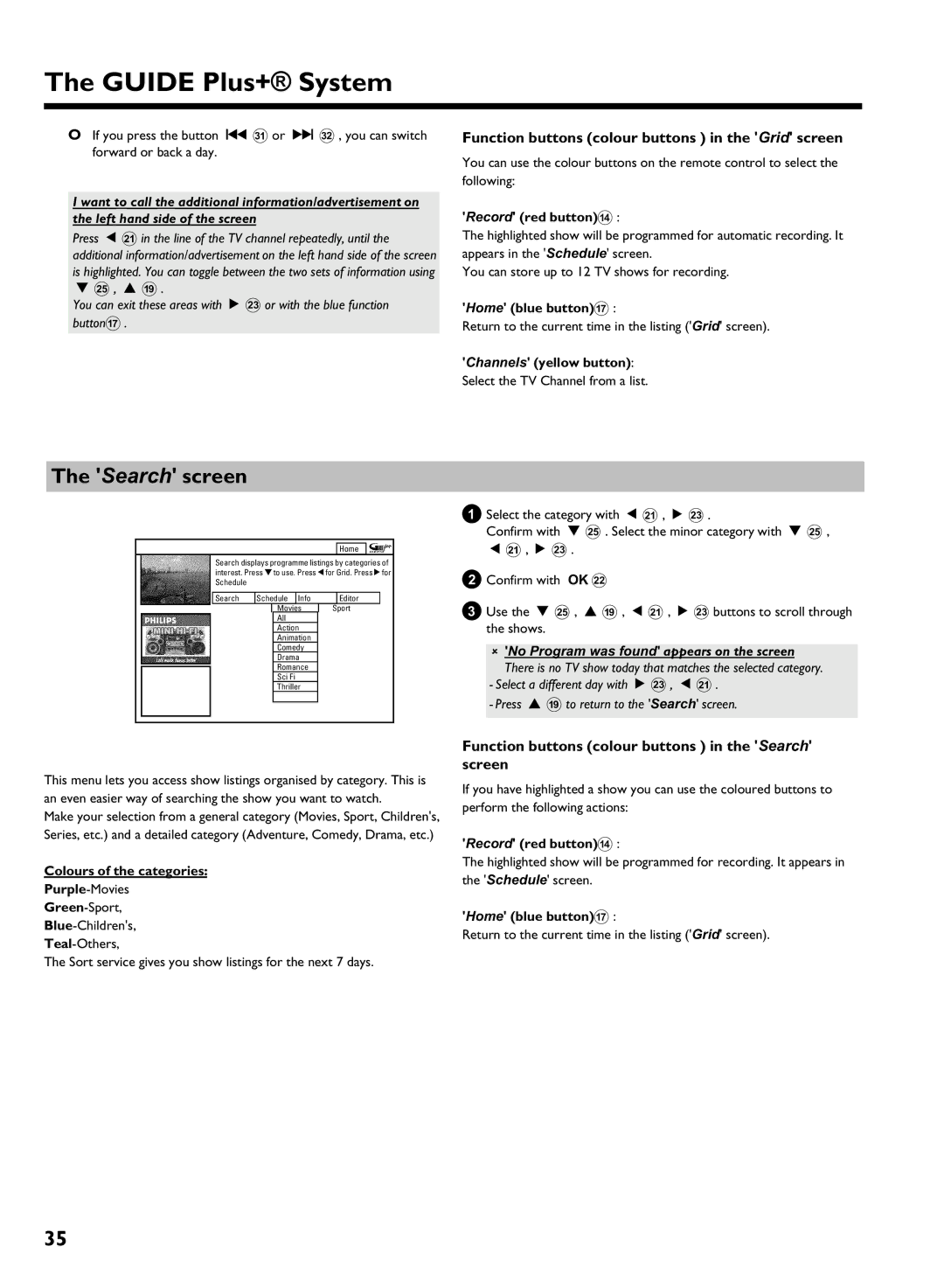 Philips DVDR 725H/00, DVDR 725H/02 manual Search screen, Home blue buttonG, Record red buttonD Colours of the categories 