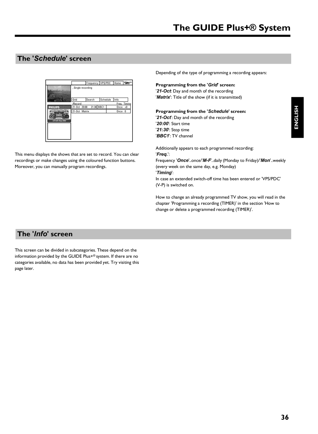 Philips DVDR 725H/02 manual Info screen, Programming from the Grid screen, Programming from the Schedule screen, Timing 