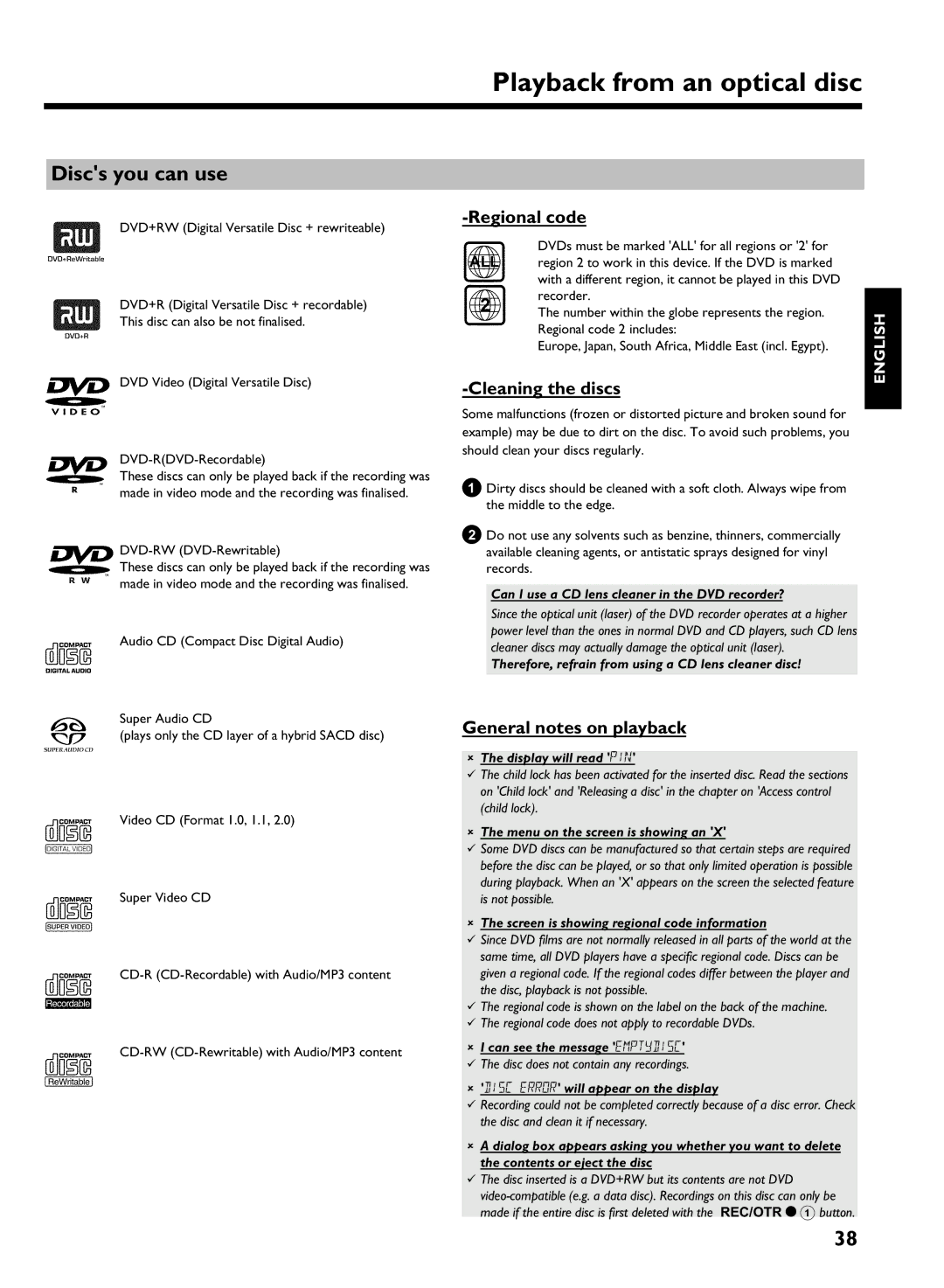 Philips DVDR 725H/02, DVDR 725H/00 manual Playback from an optical disc, Discs you can use, Code, General notes on playback 