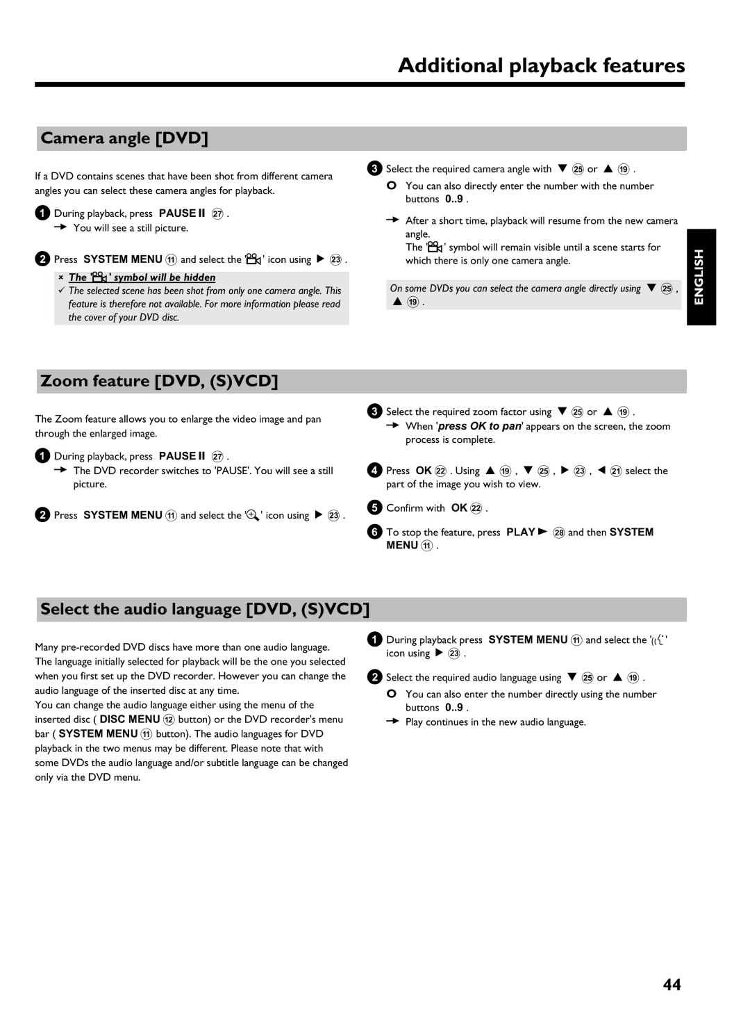 Philips DVDR 725H/02, DVDR 725H/00 manual Camera angle DVD, Zoom feature DVD, Svcd, Select the audio language DVD, Svcd 
