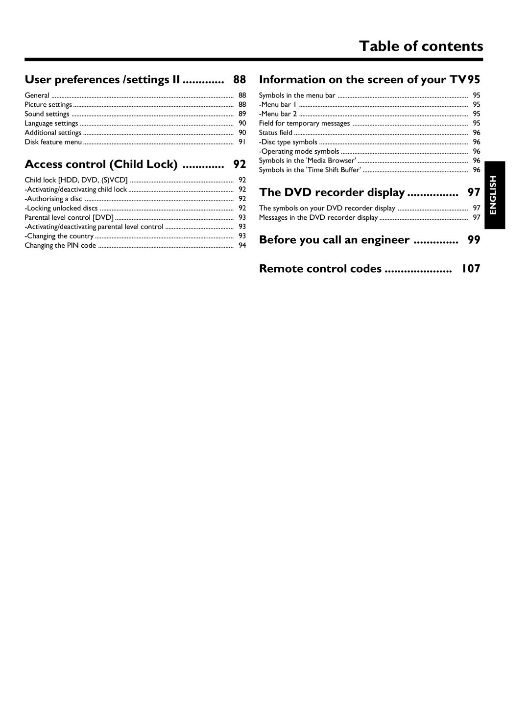 Philips DVDR 725H/02 manual Information on the screen of your TV95, Access control Child Lock, DVD recorder display, 107 