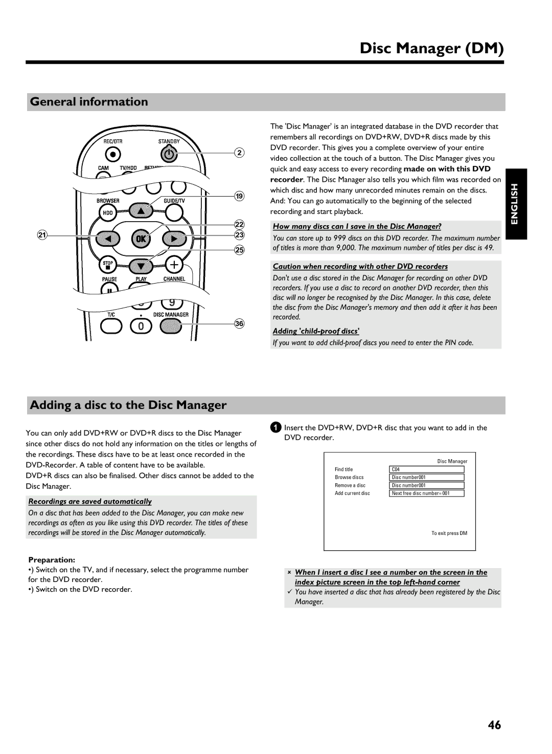 Philips DVDR 725H/02, DVDR 725H/00 manual Disc Manager DM, General information, Adding a disc to the Disc Manager 