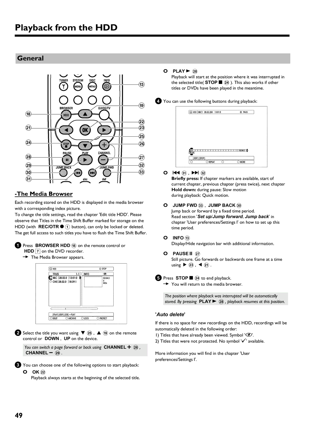 Philips DVDR 725H/00, DVDR 725H/02 manual Playback from the HDD, Media Browser, Auto delete 