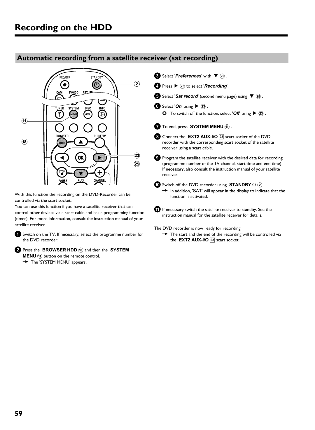 Philips DVDR 725H/00, DVDR 725H/02 manual Automatic recording from a satellite receiver sat recording 