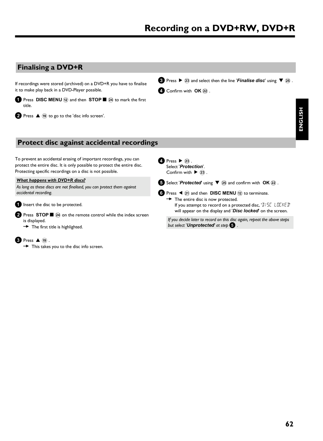 Philips DVDR 725H/02 manual Finalising a DVD+R, Protect disc against accidental recordings, What happens with DVD+R discs? 