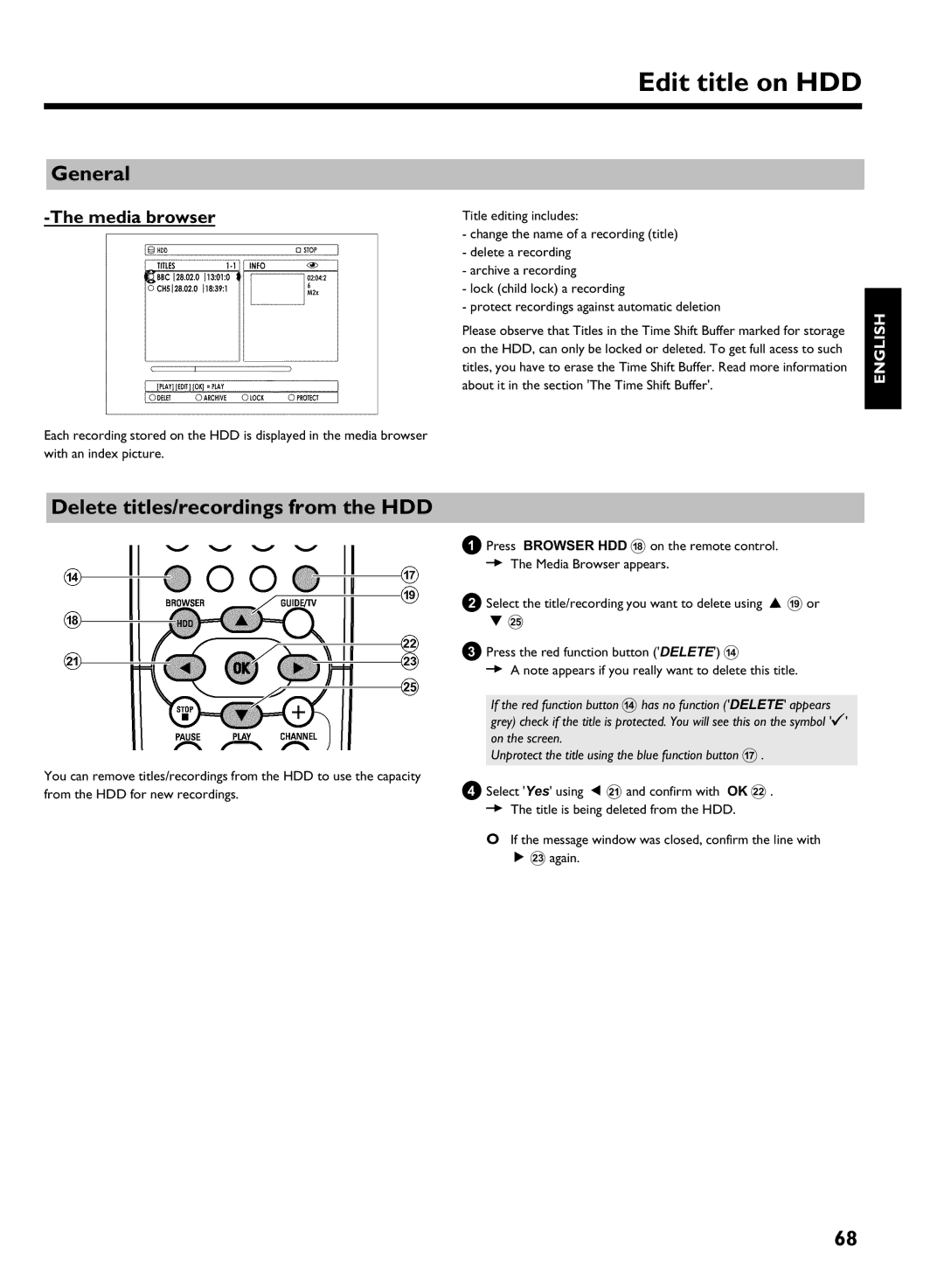 Philips DVDR 725H/02, DVDR 725H/00 manual Edit title on HDD, Delete titles/recordings from the HDD 